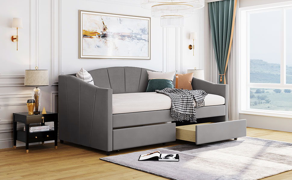 Twin Size Upholstered Daybed With Two Drawers And Slat - Gray