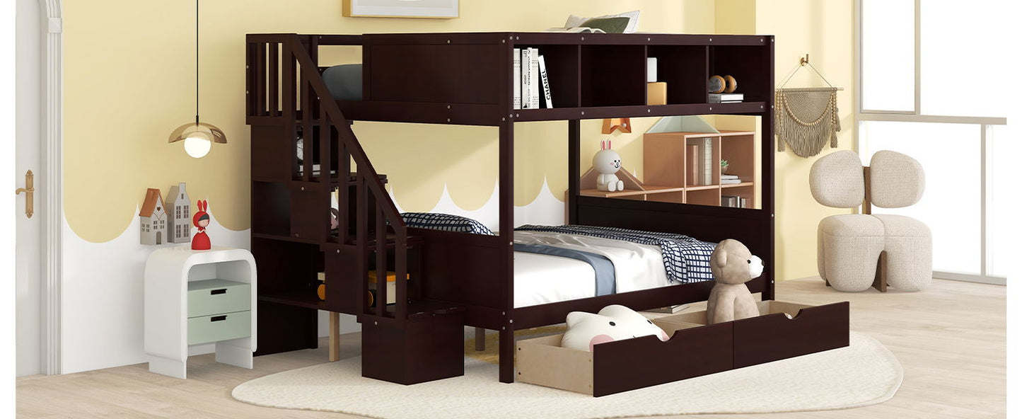 Twin Over Full Bunk Bed With Shelfs, Storage Staircase And 2 Drawers - Espresso