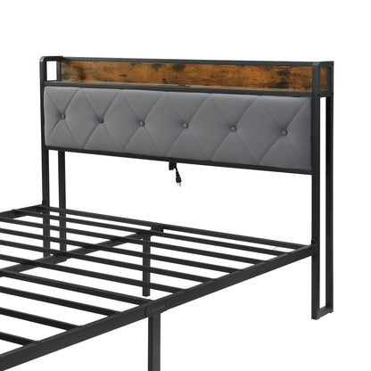 Modern Queen Bed Frame With LED Lights, Storage Drawers, USB & Charging StationUpholstered Headboard, & Iron - Gray