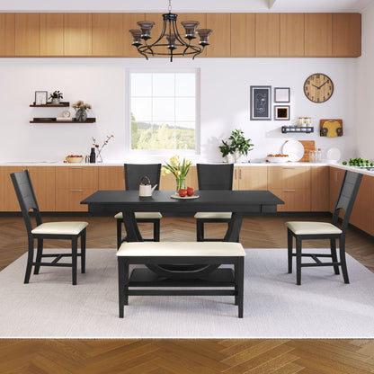 Topmax - 6 Piece Wood Half Round Dining Table Set Kitchen Table Set With Long Bench And 4 Dining Chairs, Modern Style - Gray