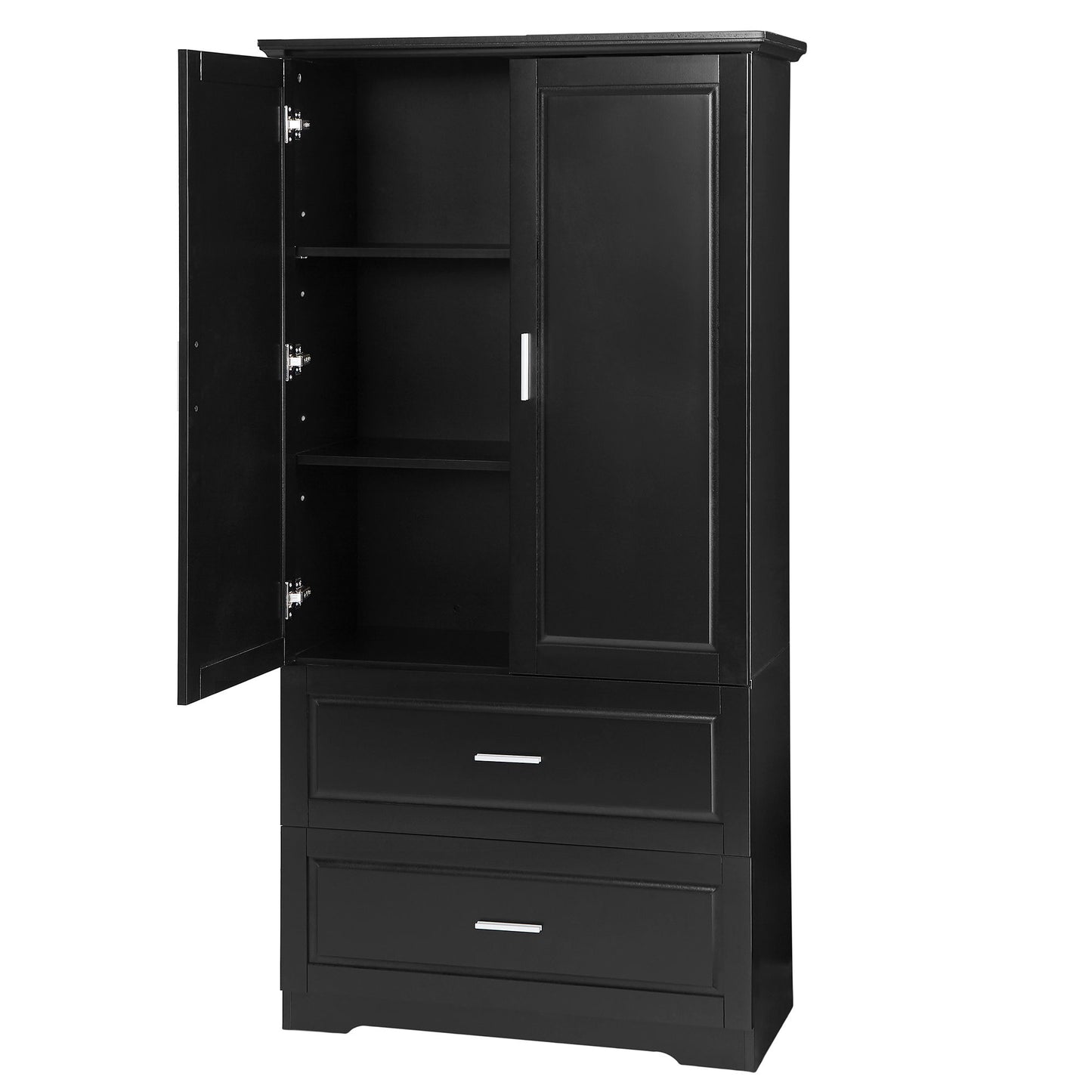 Tall Bathroom Storage Cabinet, Cabinet With 2 Doors And Drawers, Adjustable Shelf - Black