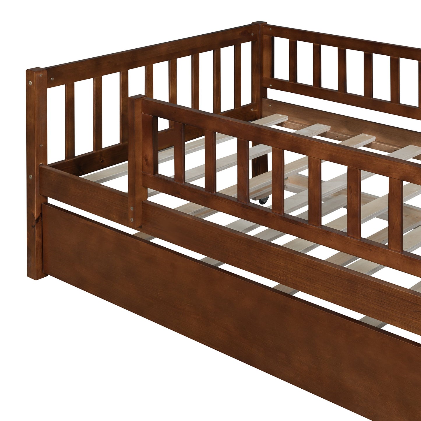 Twin Size Daybed With Trundle And Fence Guardrails - Walnut