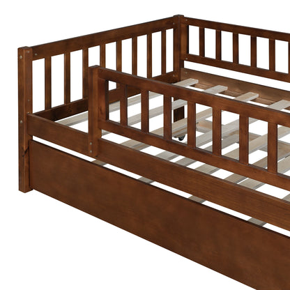 Twin Size Daybed With Trundle And Fence Guardrails - Walnut