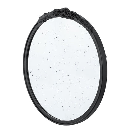Round Hand Carved Rose Antique Mirror Frame, Wall Mirror For Live Space, Bathroom, Entryway Wall Decor - Black