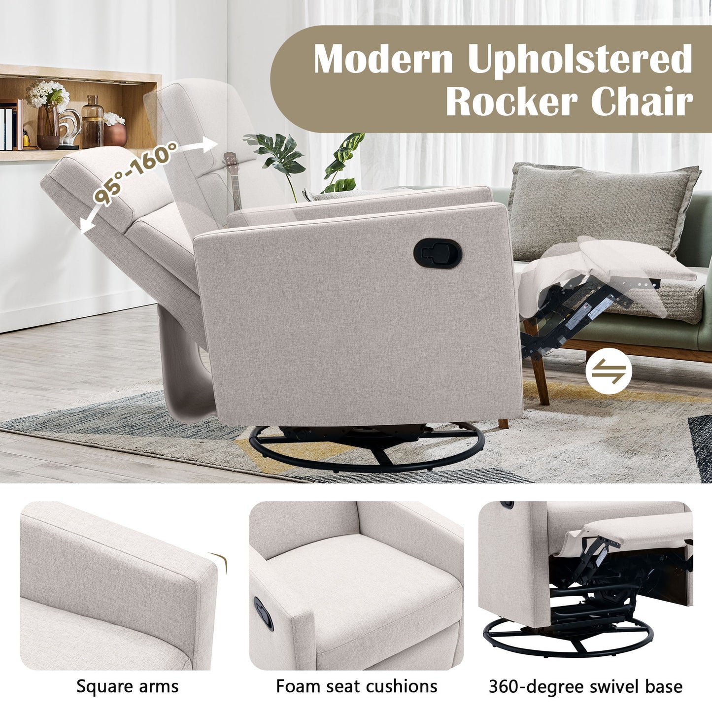 Modern Upholstered Rocker Nursery Chair Plush Seating Glider Swivel Recliner Chair - Tan