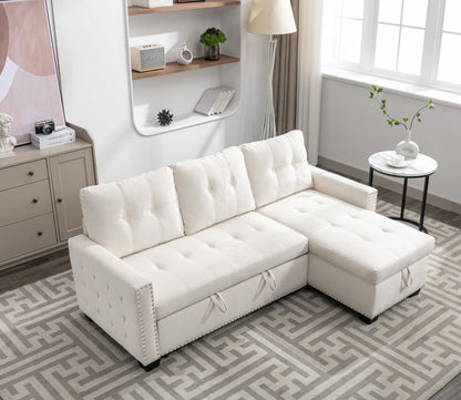 Reversible Sectional Storage Sleeper Sofa Bed, L-Shape 2 Seat Sectional Chaise With Storage, Skin-Feeling Velvet Fabric - Beige