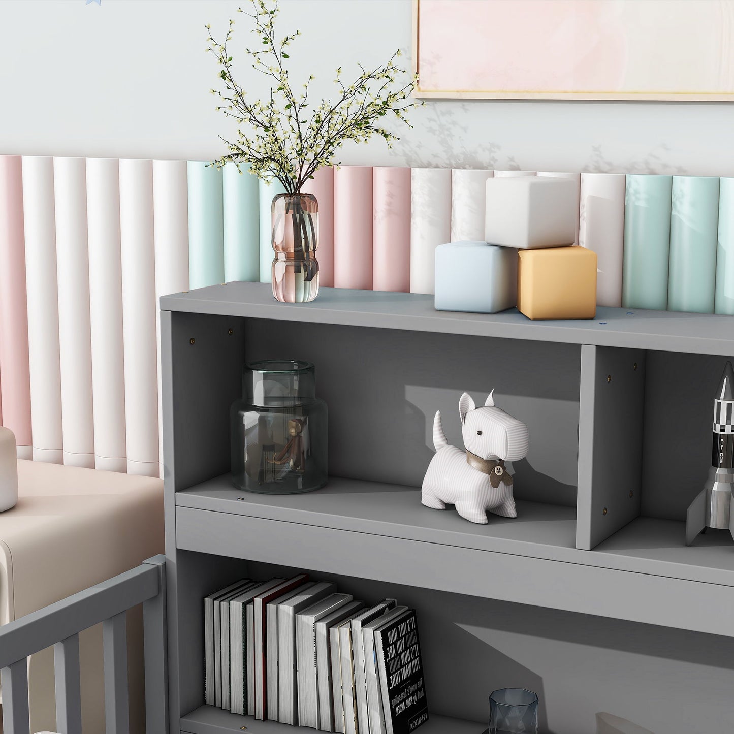 Twin Floor Bed With Bedside Bookcase, Shelves, Guardrails - Gray