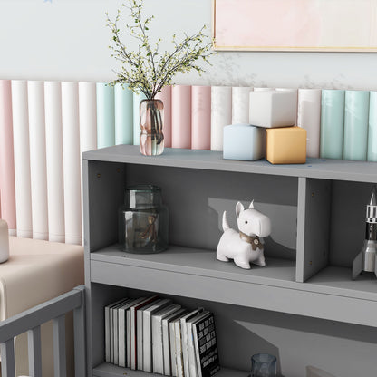 Twin Floor Bed With Bedside Bookcase, Shelves, Guardrails - Gray