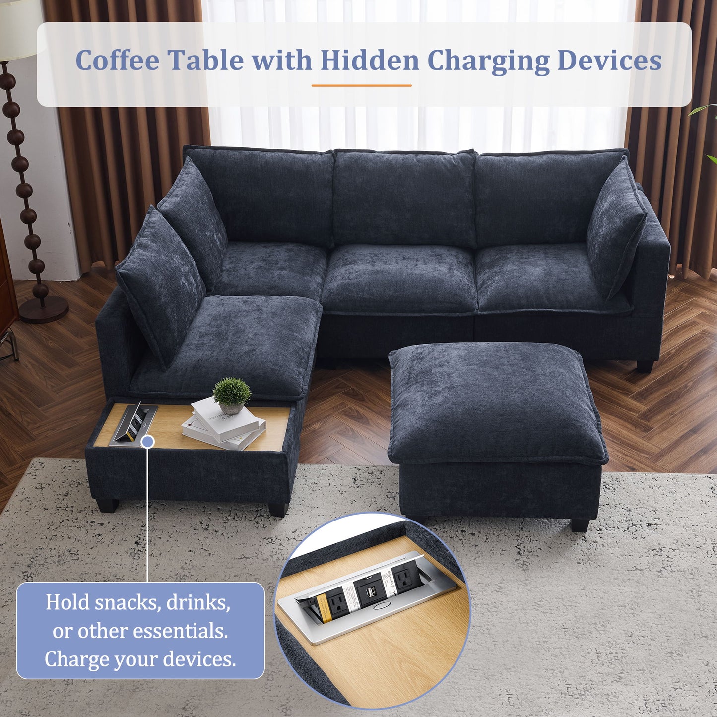 U - Shaped Sectional Sofa Modular Sofa Couch With A Movable Ottoman, A Coffee Table With Hidden Charging Devices For Living Room - Blue