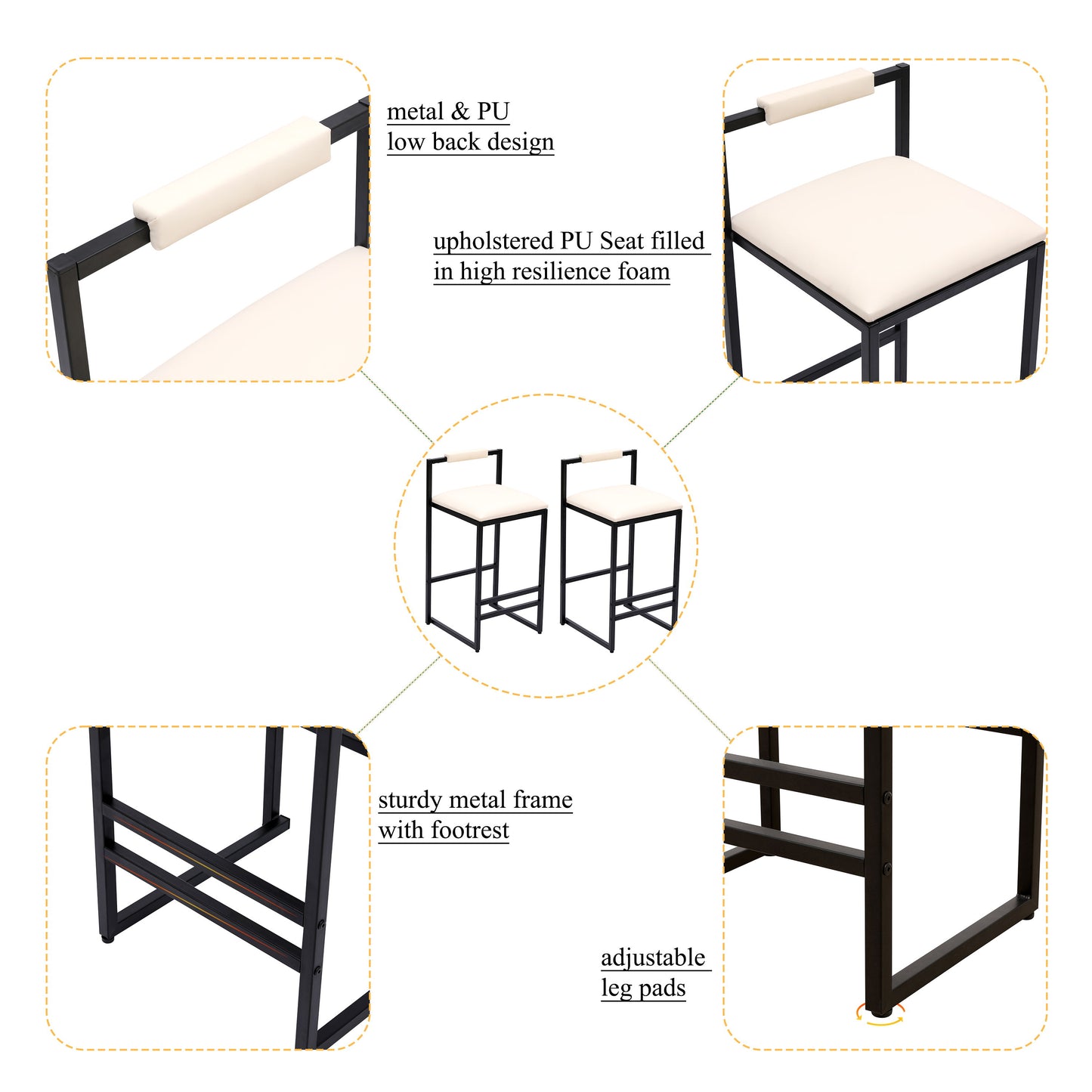 Modern Upholstered Bar Stools Set With Metal Frame For Counter Or Kitchen Island - Beige
