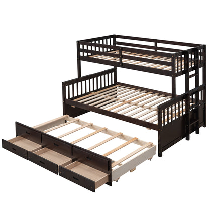 Twin Over Full Bunk Bed With Twin Size Trundle, With Drawers For Bedroom - Espresso