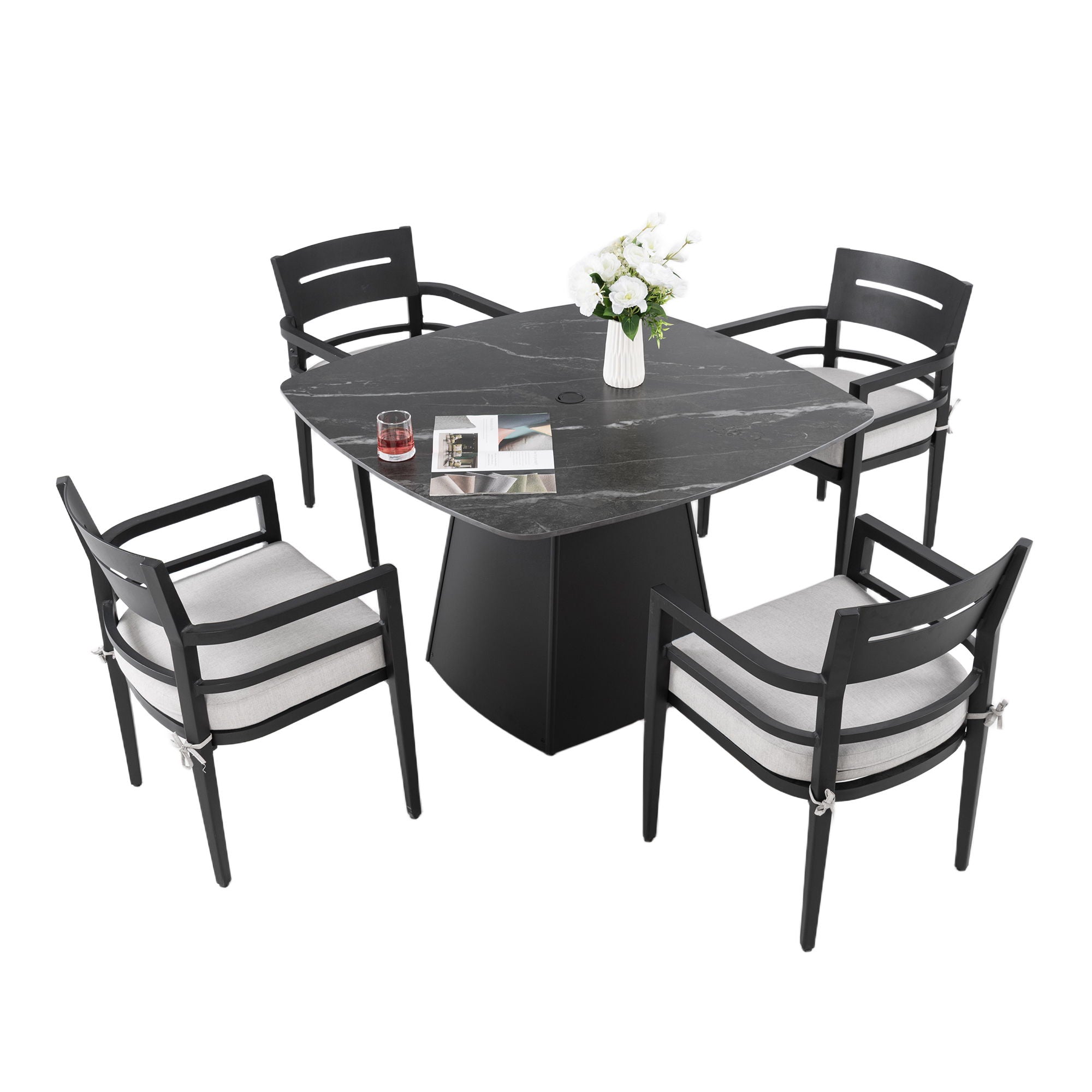 5 Piece Outdoor Pedestal Dining Set, Rounded Square Table With Flared Base And 4 Armchairs - Ember Black