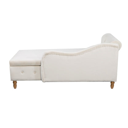 Chaise Lounge Indoor, Velvet Lounge Chair For Bedroom With Storage & Pillow, Modern Upholstered Rolled Arm Chase Lounge For Sleeping With Nailhead Trim For Living Room Bedroom Office - Beige