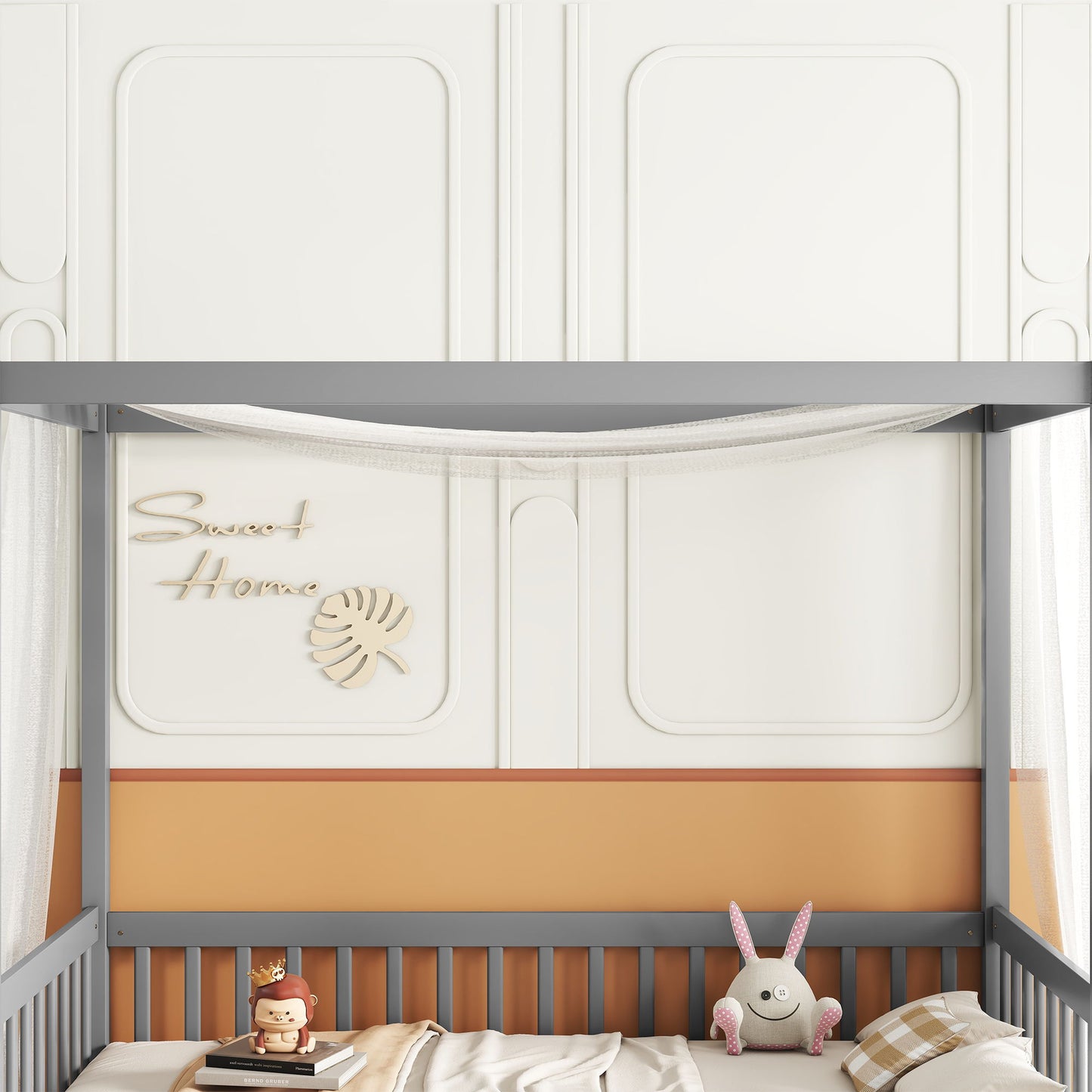 Twin Size Canopy Frame Floor Bed With Fence, Guardrails - Gray