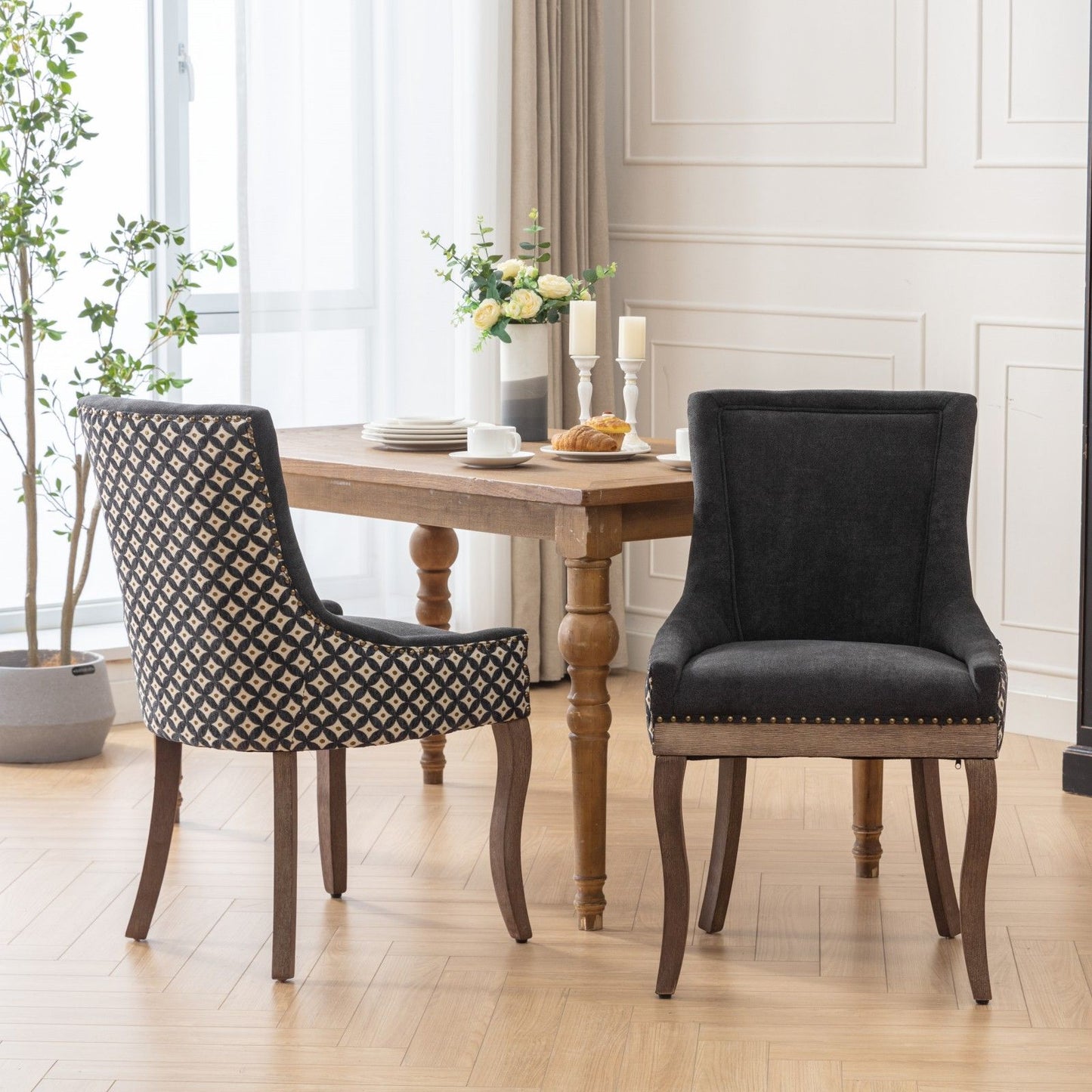 Ultra Side Dining Chair, Thickened Fabric Chairs With Neutrally Toned Solid Wood Legs, Bronze Nail Head (Set of 2) - Blue