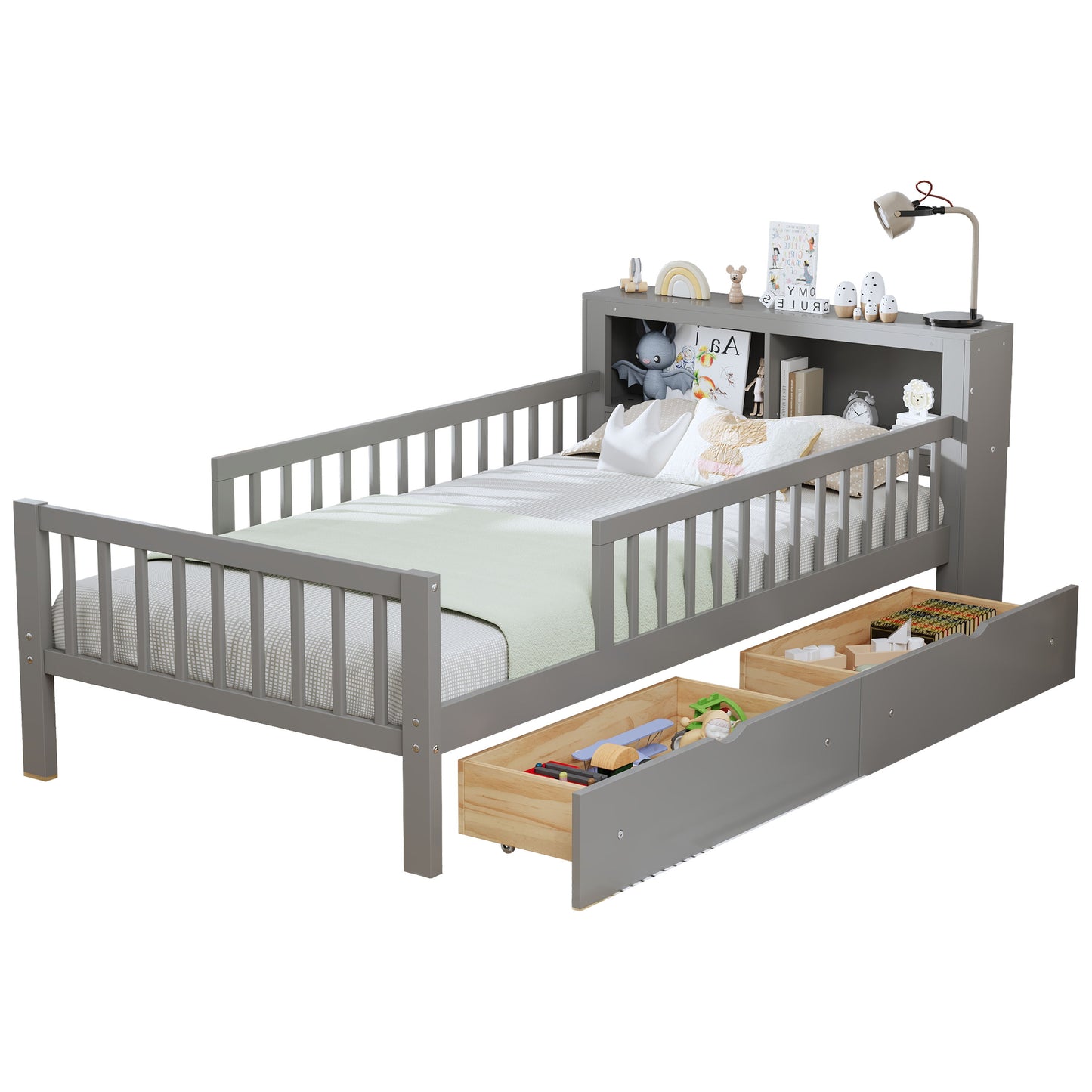 Twin Size Bed With Headboard Storage Rack, 2 Under Bed Drawers, 3 - Side Guardrails For Safety And Security - Gray