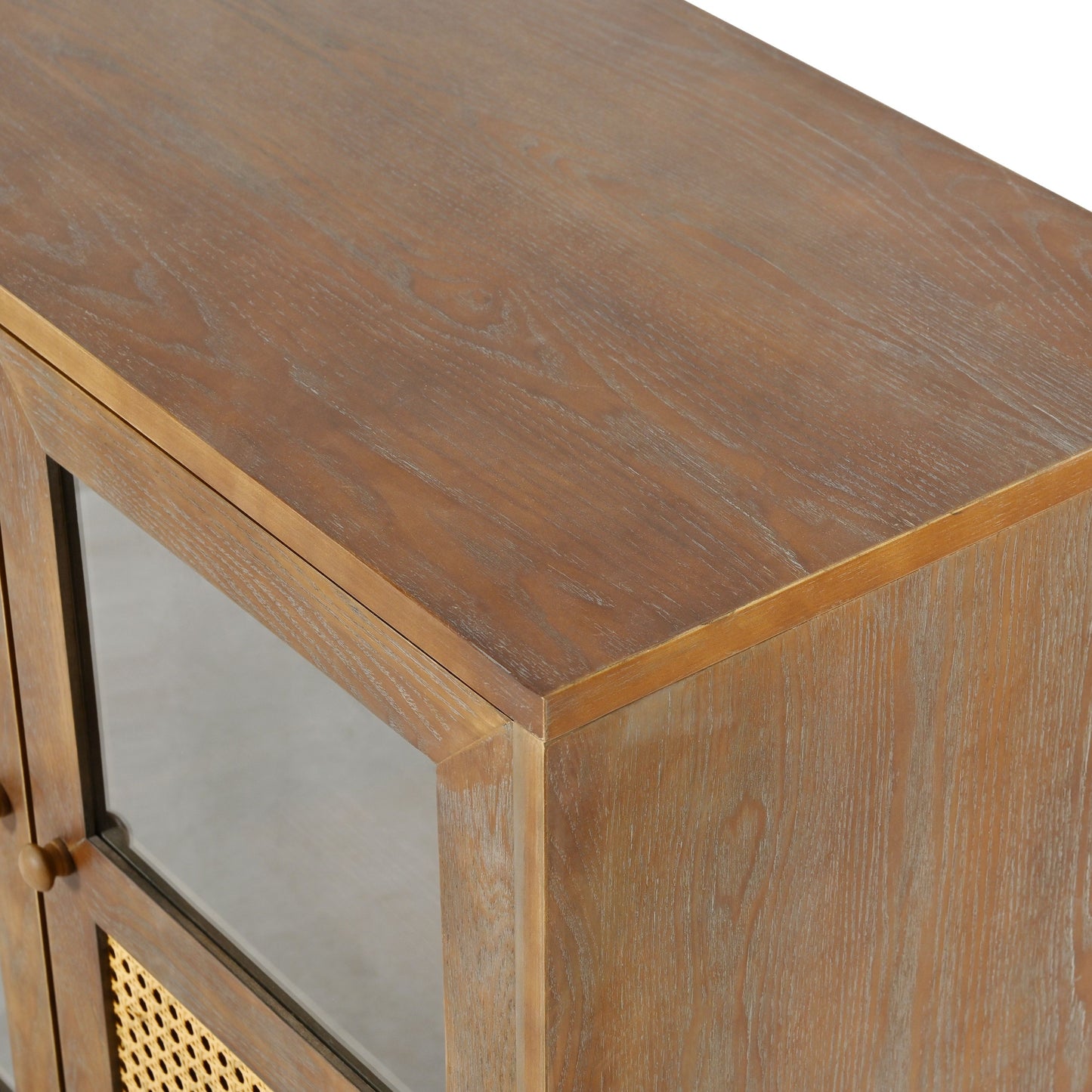 Retro 4 Door Sideboard With Large Storage Space, Artificial Rattan Doors - Transparent Glass - Antique Brown