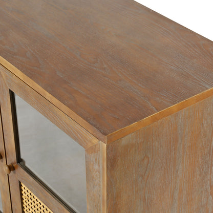 Retro 4 Door Sideboard With Large Storage Space, Artificial Rattan Doors - Transparent Glass - Antique Brown