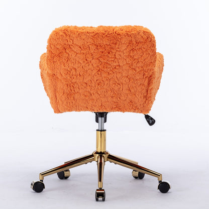 Office Chair, Artificial Rabbit Hair Home Office Chair With Golden Metal Base, Adjustable Desk Chair Swivel Office Chair, Vanity Chair - Orange