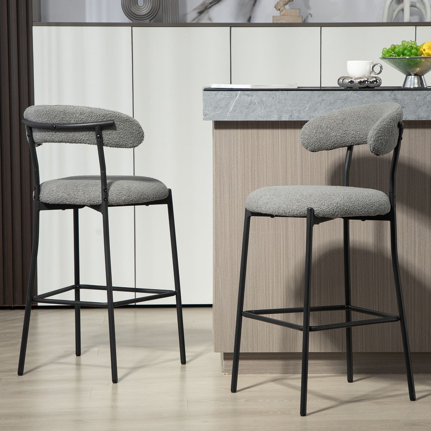 Counter Height Bar Stools Teddy Fabric Cover Kitchen Island Counter Bar Stool With Black Powder Coating Base And Footrest - Gray