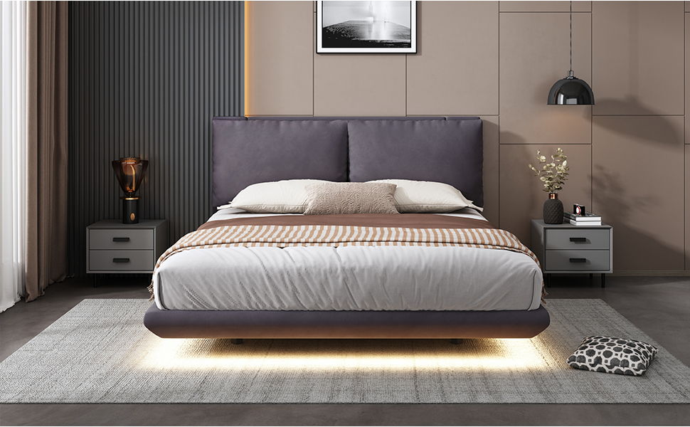 Queen Size Upholstered Platform Bed With Sensor Light And 2 Large Backrests, Stylish Platform Bed With 2 Sets Of USB Port And Socket On Each Rear Bed Leg - Gray