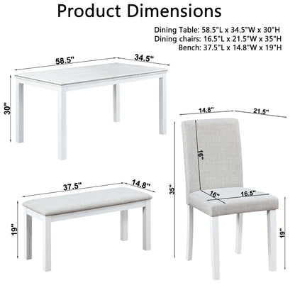 6 Piece Wooden Dining Table Set, Wooden Dining Table With 4 Upholstered Chairs And Bench For 6 People, Rectangular Dining Table Set With Crystal Decoration For Kitchen, Dining Room - White
