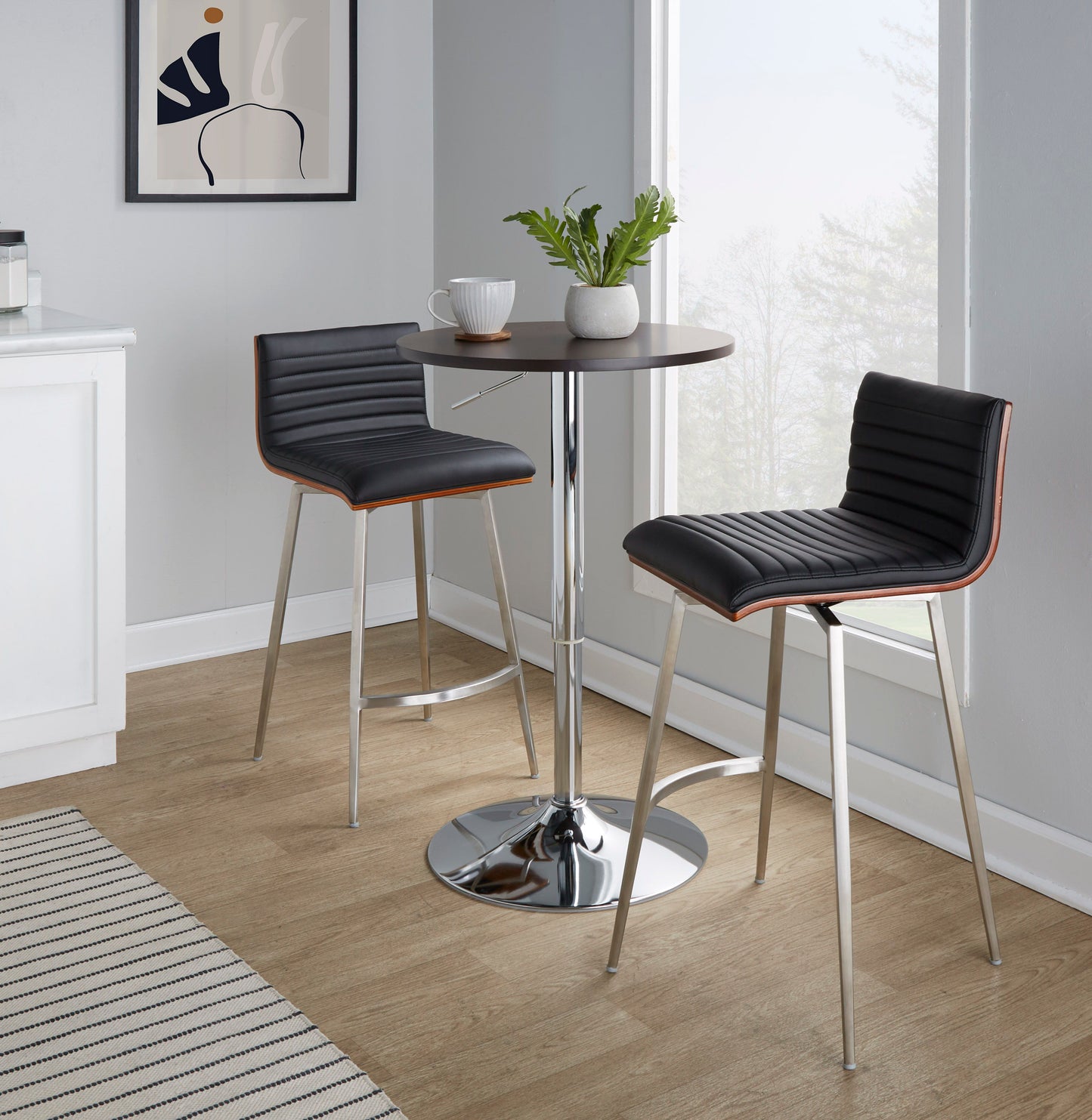 Mason - 3 Piece Swivel Mid-Century Modern Counter Height Dining Set With Adjustable Table - Chrome / Brown / Black