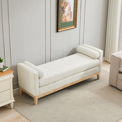 Elegant Upholstered Bench Daybed Ottoman With Nature Wood Legs & Bolster Pillows - Ivory Boucle