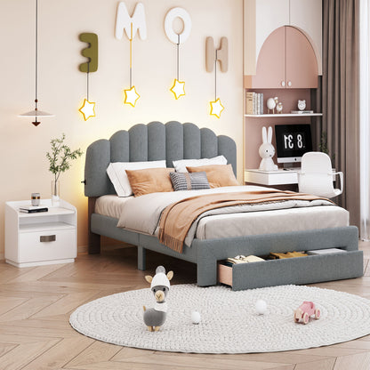 Queen Size Upholstered Platform Bed With Drawer - Gray
