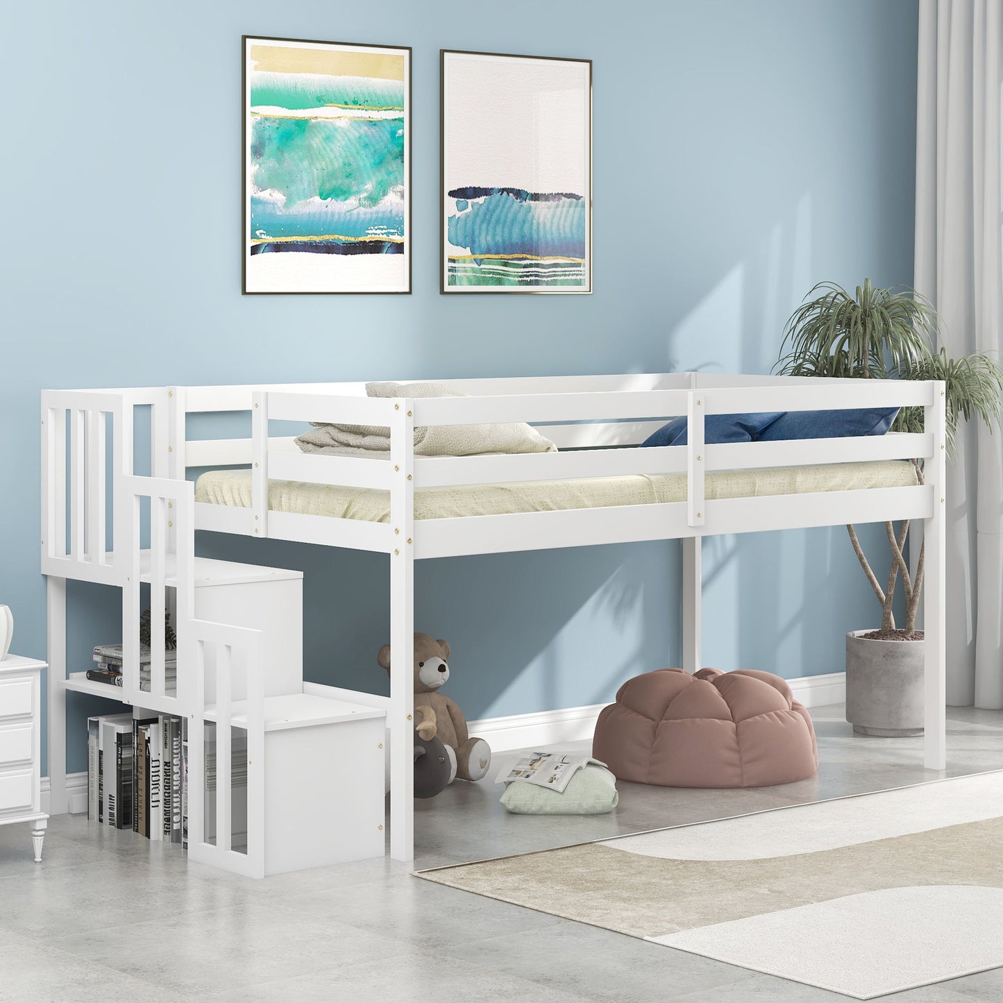 Loft Bed With Staircase - White