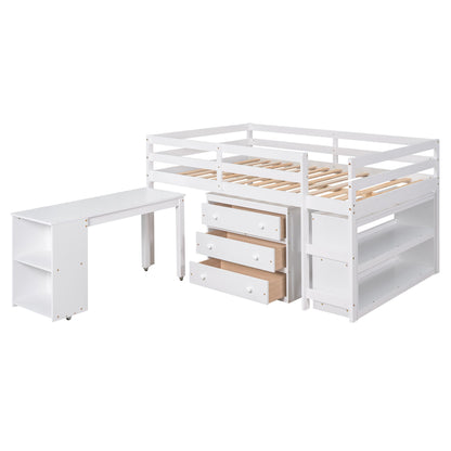 Full Loft Low Study Bed With Cabinet, Shelves And Rolling Portable Desk, Multiple Functions - White