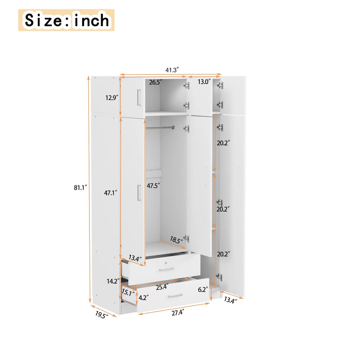 Modern 3 Door Mirror Wardrobe With 2 Drawers And Top Cabinet - White