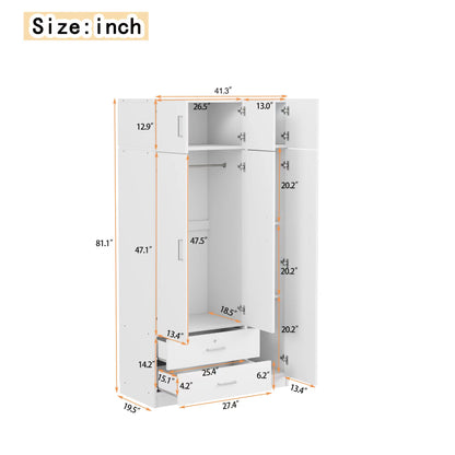 Modern 3 Door Mirror Wardrobe With 2 Drawers And Top Cabinet - White