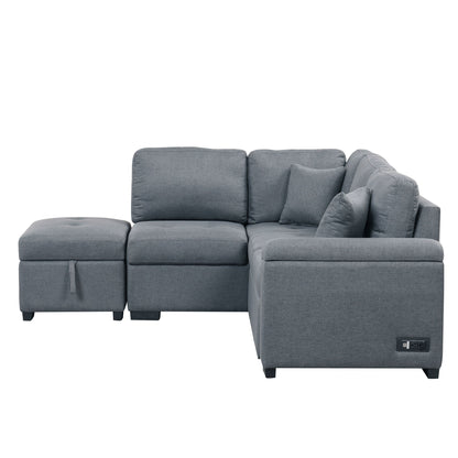 Sleeper Sectional Sofa, L-Shape Corner Couch Sofa - Bed With Storage Ottoman & Hidden Arm Storage & USB Charge For Living Room Apartment - Dark Gray