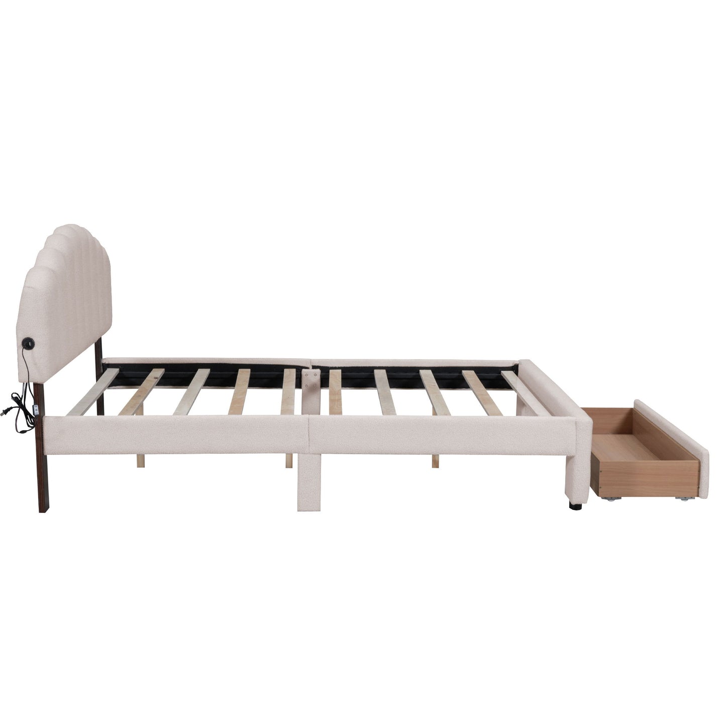 Queen Size Upholstered Platform Bed With Drawer - Beige