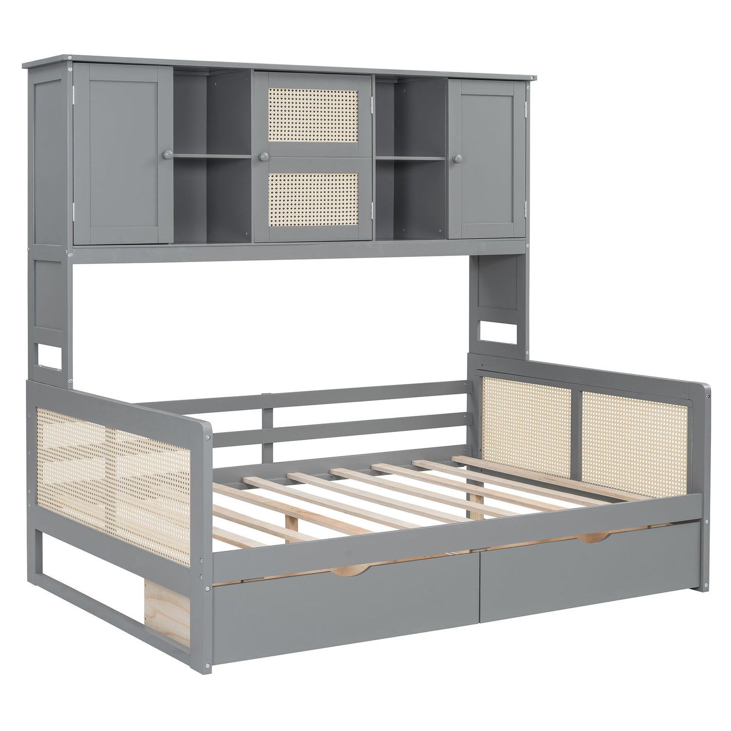 Full Size Wooden Daybed With 2 Drawers, And All In One Cabinet And Shelf - Gray