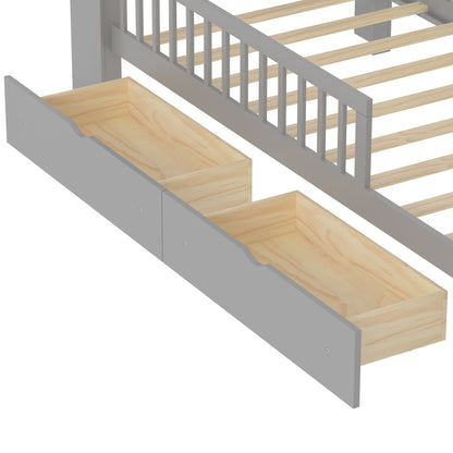 Twin Size Bed With Headboard Storage Rack, 2 Under Bed Drawers, 3 - Side Guardrails For Safety And Security - Gray