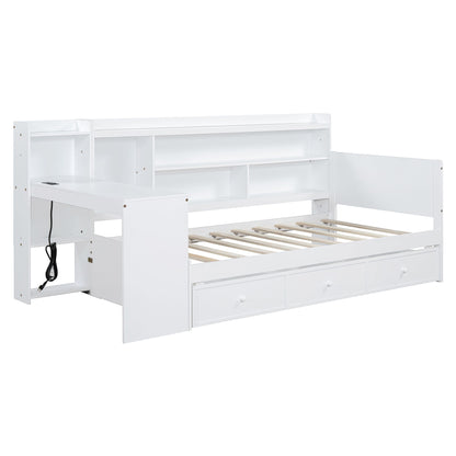 Twin Size Daybed With 3 Drawers USB Ports And Desk - White