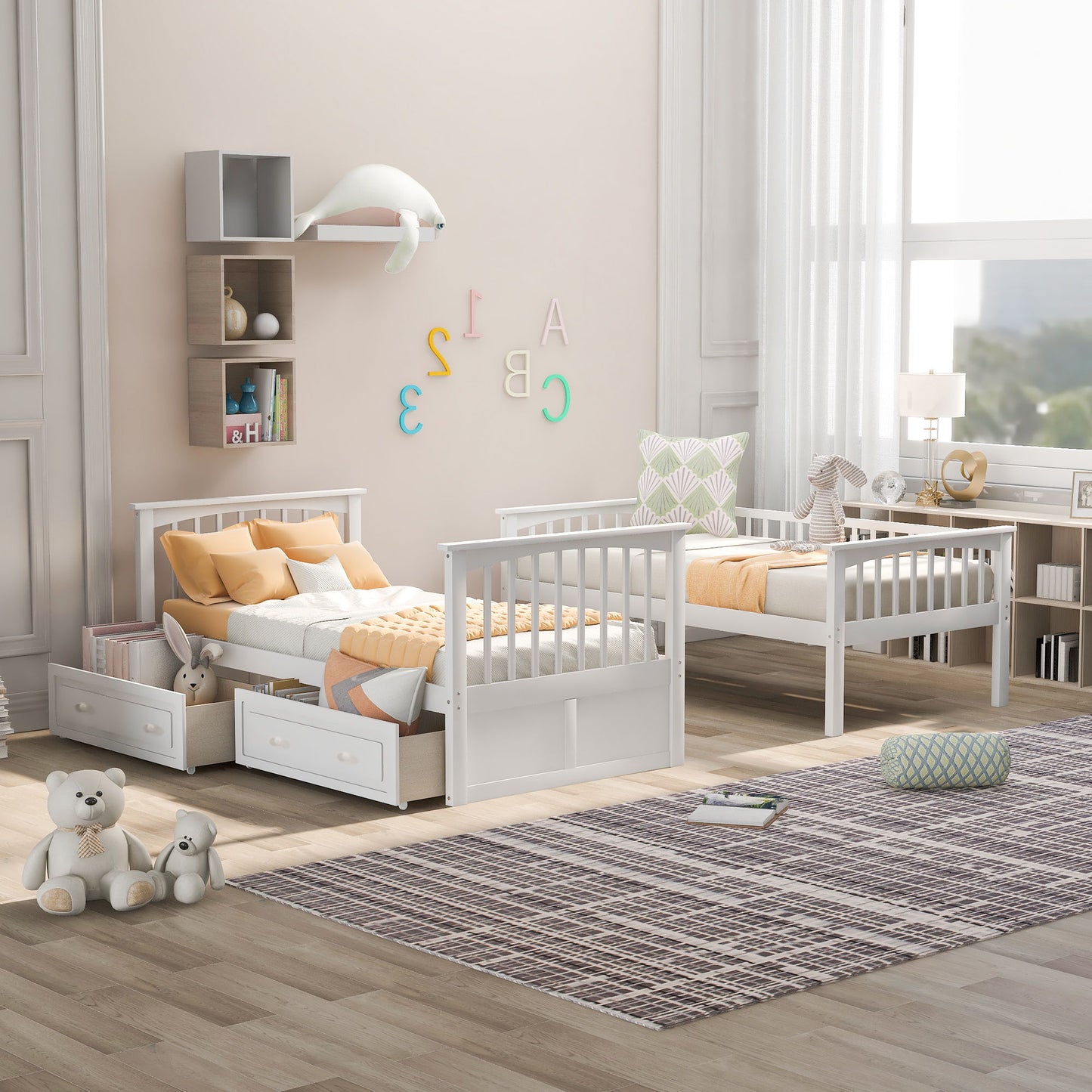 Twin Over Twin Bunk Bed With Drawers, Convertible Beds - White