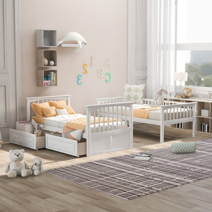 Twin Over Twin Bunk Bed With Drawers, Convertible Beds - White
