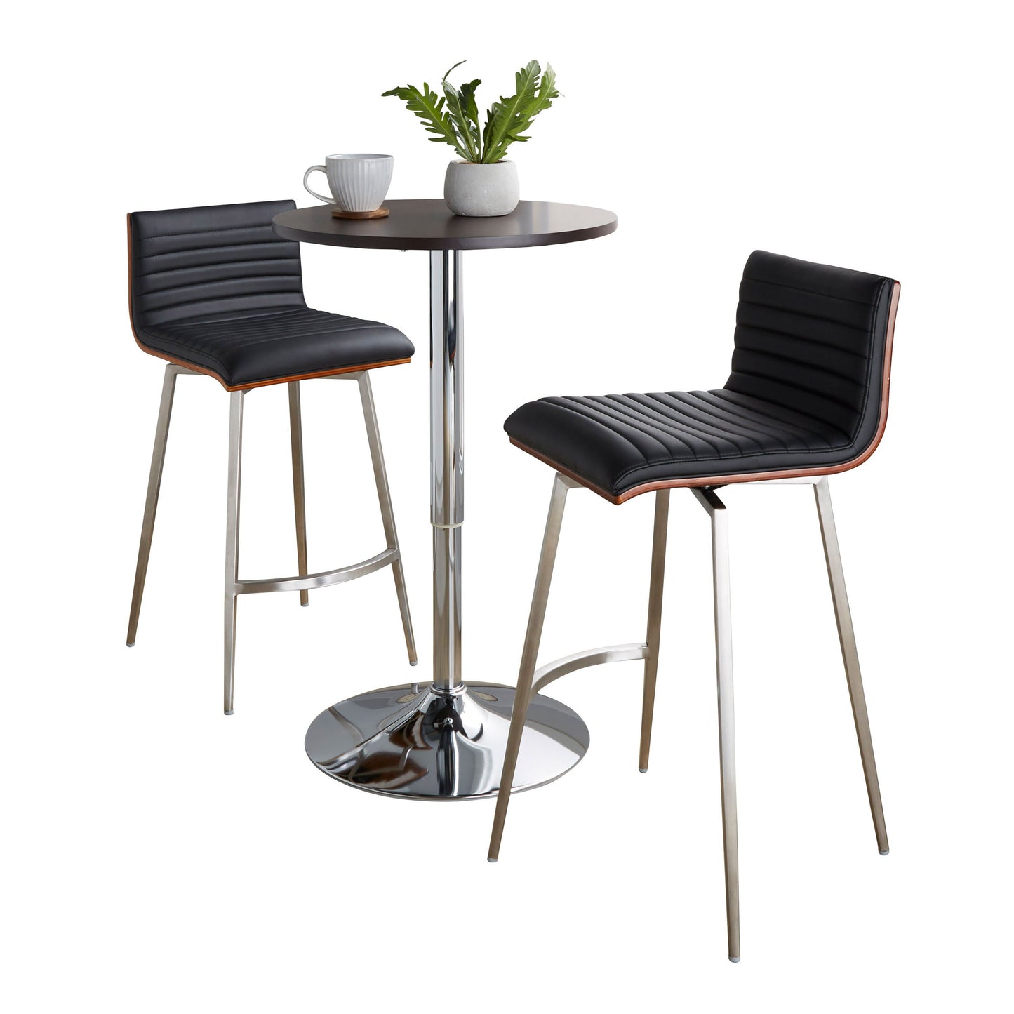 Mason - 3 Piece Swivel Mid-Century Modern Counter Height Dining Set With Adjustable Table - Chrome / Brown / Black