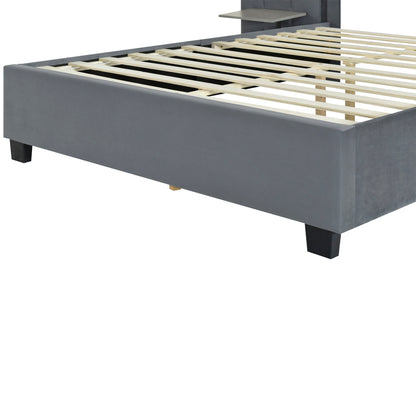 Queen Size Upholstered Platform Bed With Big Headboard - Gray
