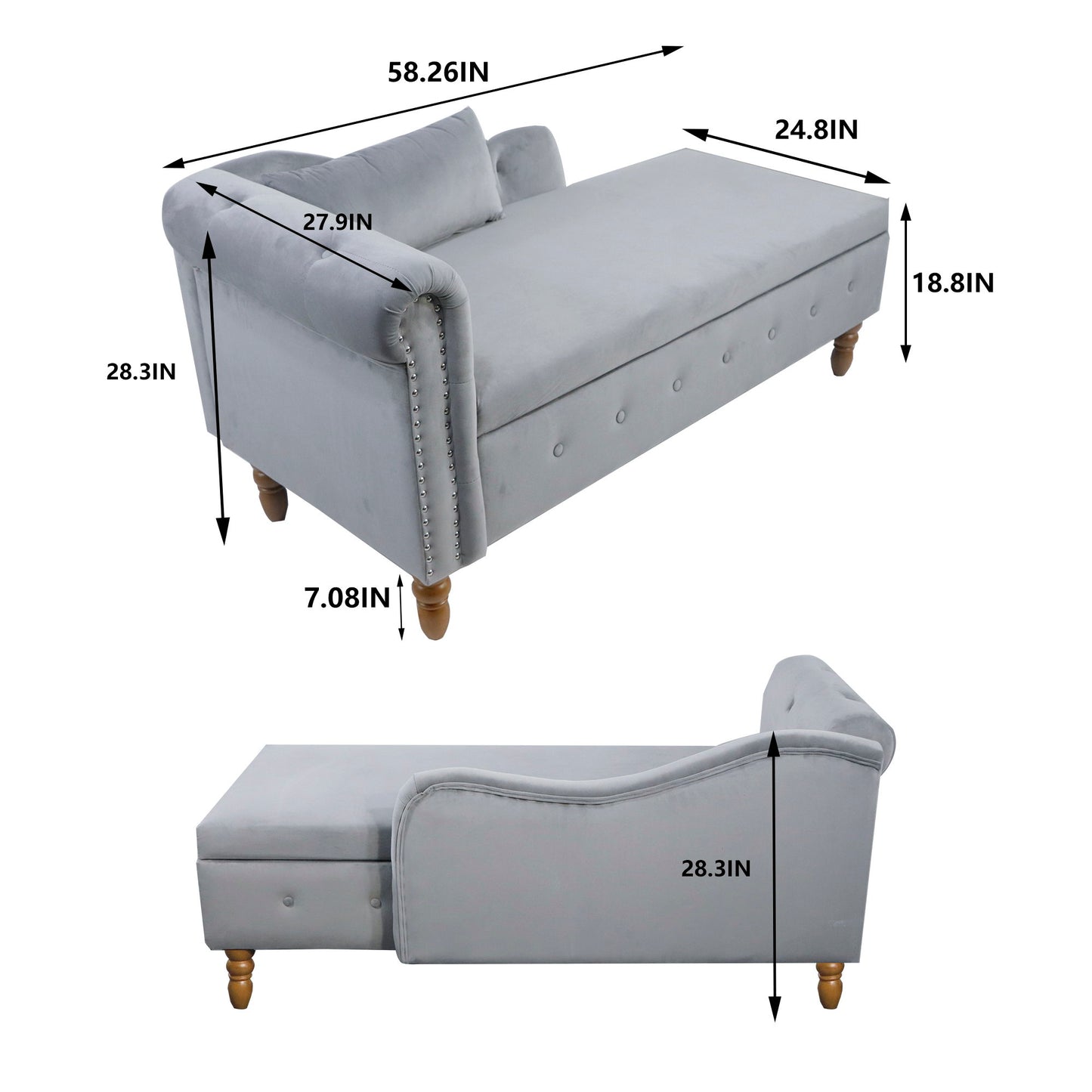 Chaise Lounge Indoor, Velvet Lounge Chair For Bedroom With Storage & Pillow, Modern Upholstered Rolled Arm Chase Lounge For Sleeping With Nailhead Trim For Living Room Bedroom Office - Gray