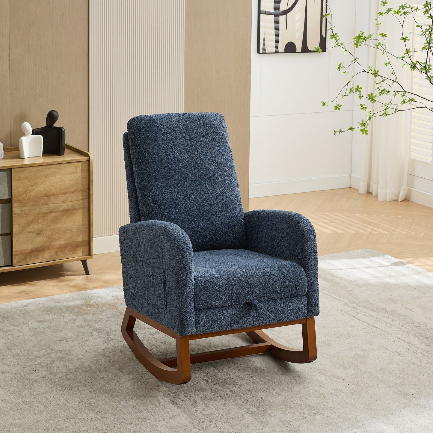 Rocking Chair For Nursery, High Back Glider Chair With Retractable Footrest, Side Pocket, Rocking Accent Armchair With Rubber Wood Legs For Living Room / Bedroom - Navy