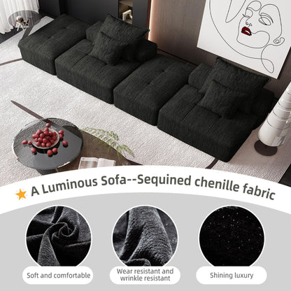 Modern Oversized Modular Sectional Sofa With 2 Ottoman And 2 Seat, Sparkling Chenille Fabric Soft Cushion Sofa With 4 Pillows, 4 Pieces Diy Combination Tufted Sofa, No Assembly Required - Black
