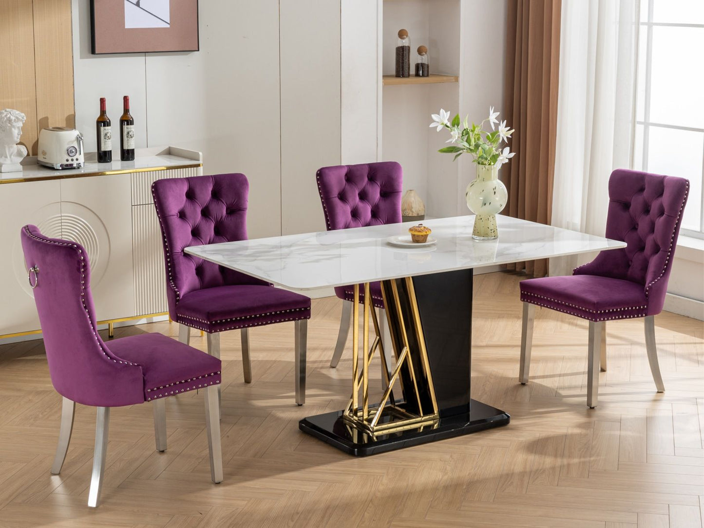 Nikki - Modern, High-End Tufted Solid Wood Contemporary Velvet Upholstered Dining Chair With Chrome Stainless Steel Plating Legs, Nailhead Trim (Set of 2) - Purple / Chrome