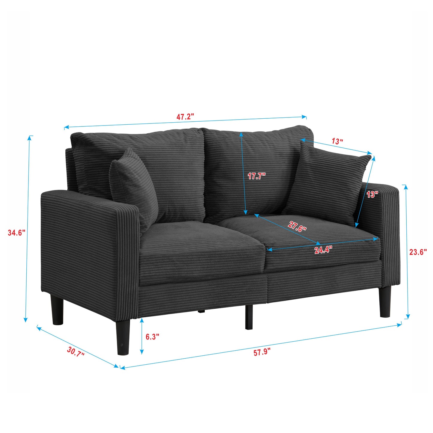 Modern Upholstered 57" High Resilience Loveseat Sofa, 2 Seater - Dark Gray