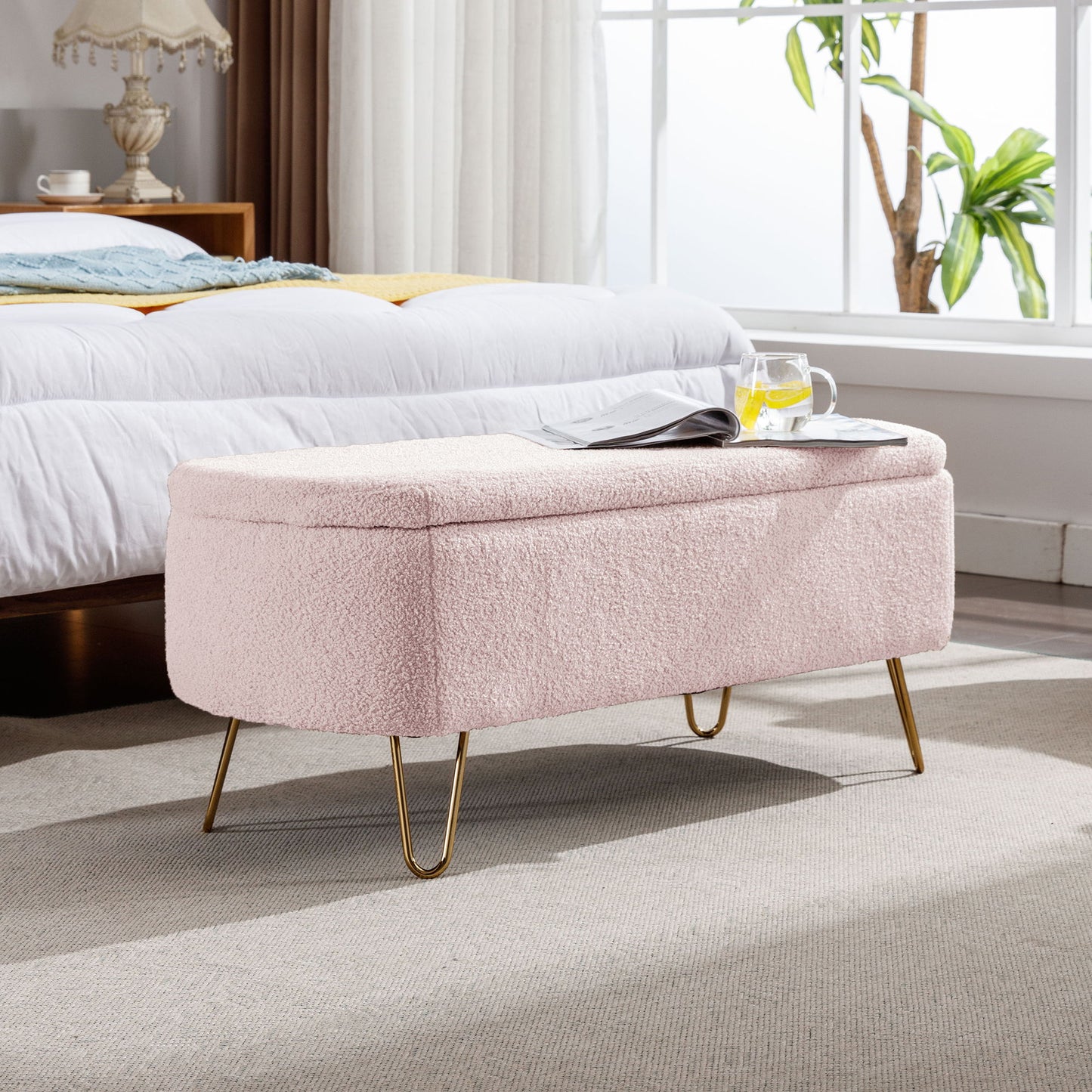 Storage Ottoman Bench For End Of Bed Gold Legs, Modern Gray Faux Fur Entryway Bench Upholstered Padded With Storage For Living Room Bedroom - Pink