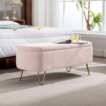 Storage Ottoman Bench For End Of Bed Gold Legs, Modern Gray Faux Fur Entryway Bench Upholstered Padded With Storage For Living Room Bedroom - Pink