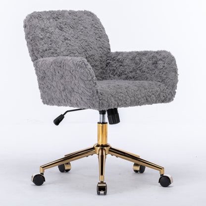 Office Chair, Artificial Rabbit Hair Home Office Chair With Golden Metal Base, Adjustable Desk Chair Swivel Office Chair, Vanity Chair - Gray